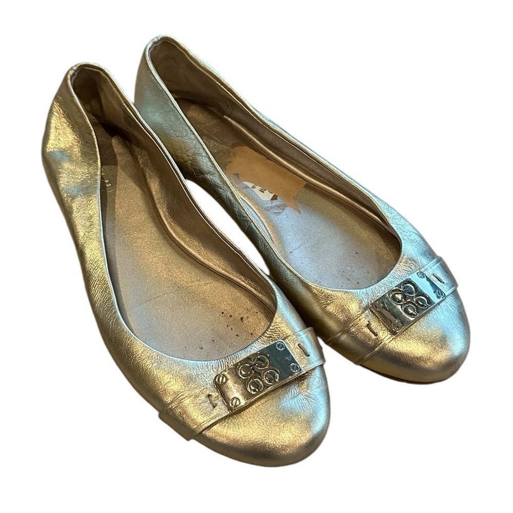 Coach Metallic Gold Women's Ballet Flats with Decorative Buckle